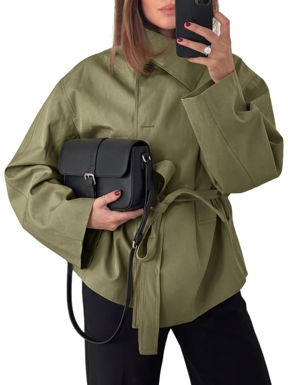 Woman Green Jacket Long Sleeved Button Casual Loose Vintage Windbreaker Short